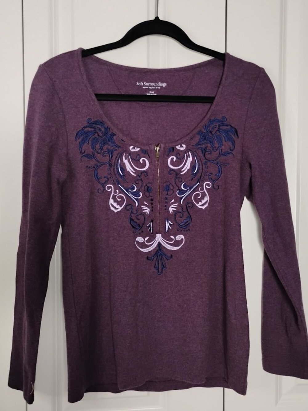 Soft Surroundings Women’s Purple Embroidered Half Zip Blouse Top Size S